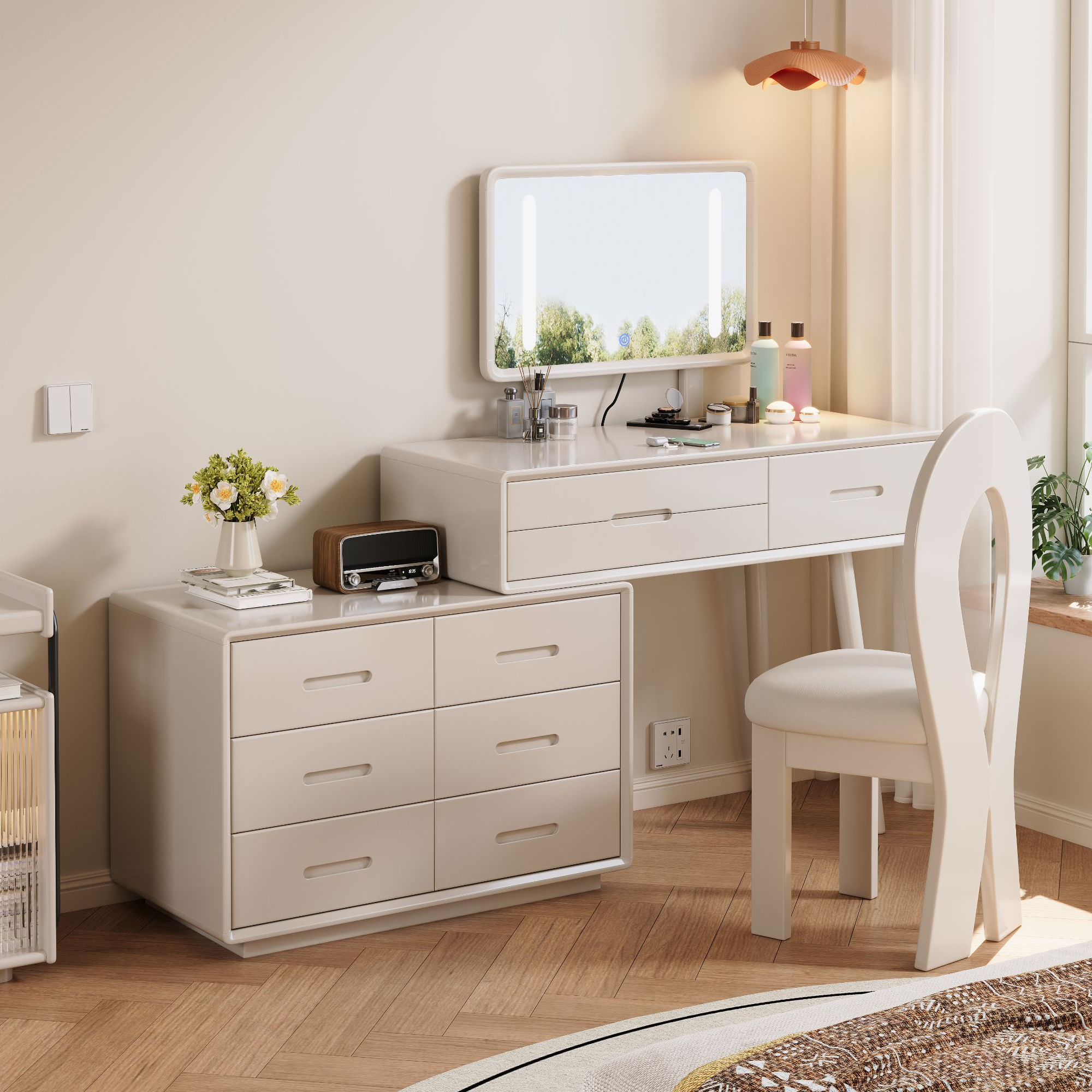 实木梳妆台小型床边桌可移动收纳柜卧室现代简约小户型翻盖化妆桌