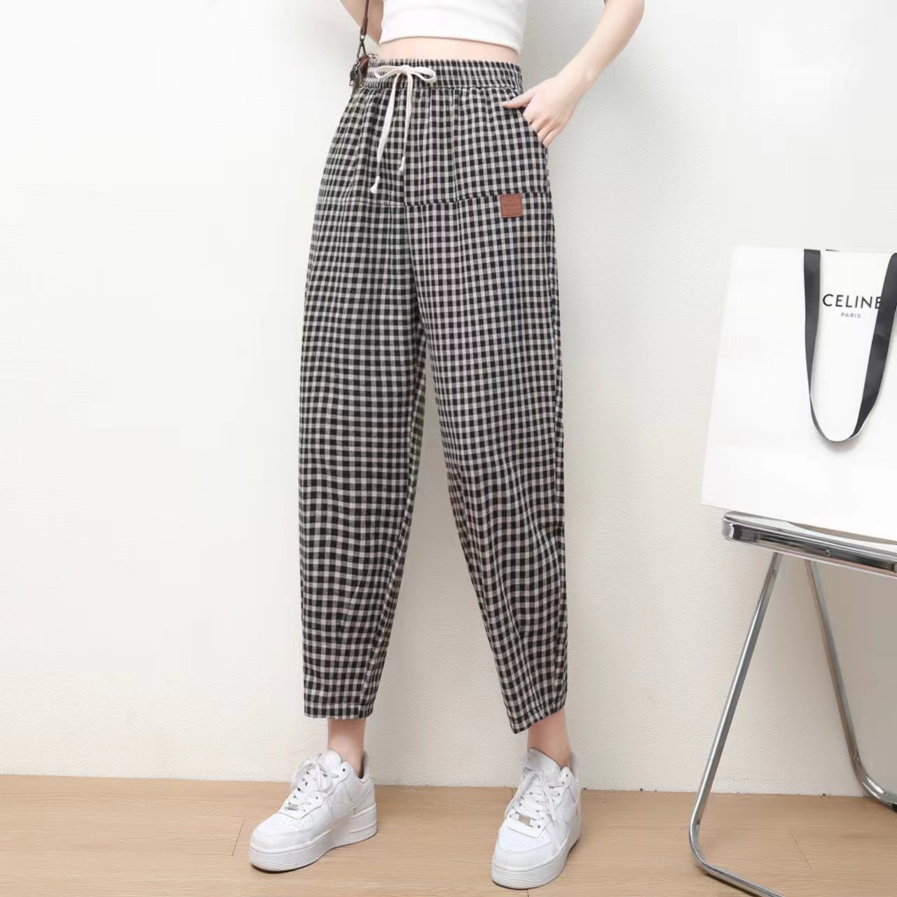 2024夏季新款棉麻格子裤女士哈伦裤宽松显瘦妈妈裤大码百搭休闲裤
