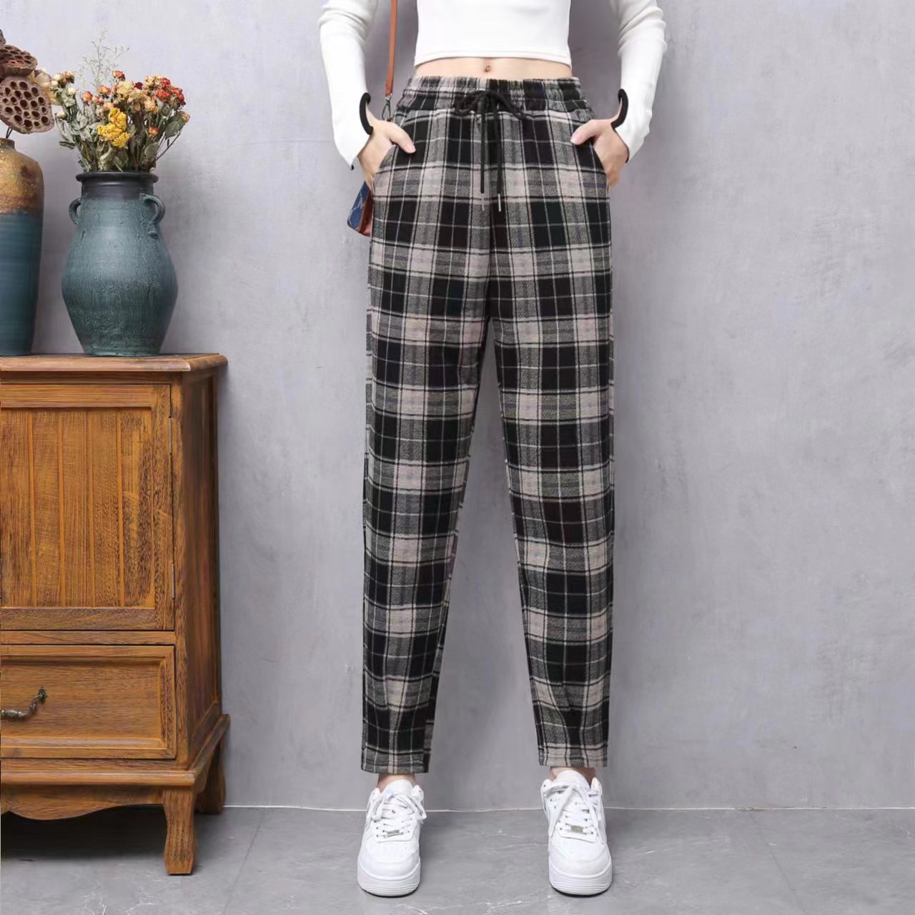 毛呢格子裤女2023秋季新款宽松哈伦裤中高腰显瘦萝卜裤百搭休闲裤