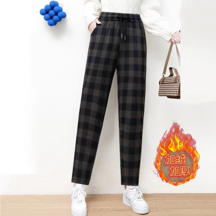 加绒格子裤女裤冬季新款宽松显瘦高腰女士毛呢裤子妈妈裤休闲裤