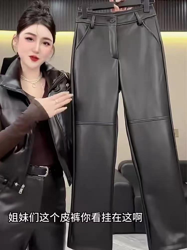 【晓静】黑色加绒皮裤女冬季 新款加厚保暖高级哑光时尚直筒裤