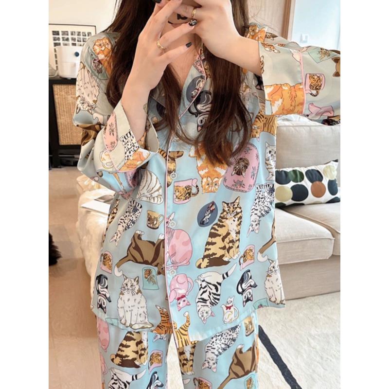 【老板娘自播】可爱猫咪真丝睡衣重磅桑蚕丝家居服套装