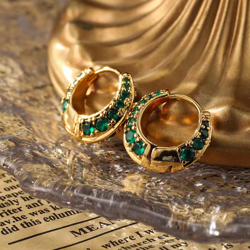 铜合金合成锆石耳饰 法式微镶圆圈耳扣女ins轻奢风