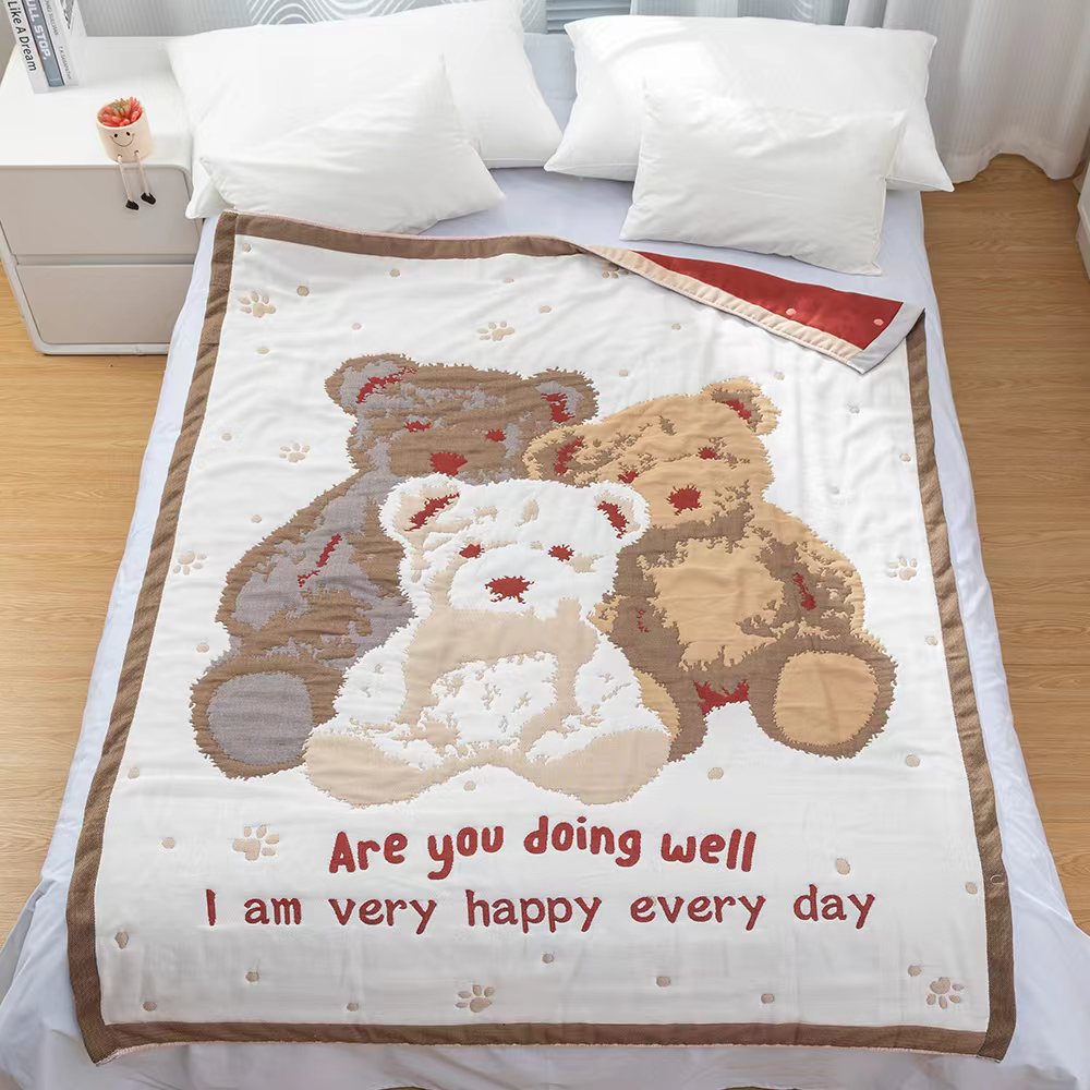 【三只熊】 120cm x 150cm 多功能色织棉纱纱布面包被             