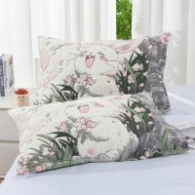 【樱花兔枕巾】 52cm*78cm多功能色织棉纱纱布枕巾一对装        