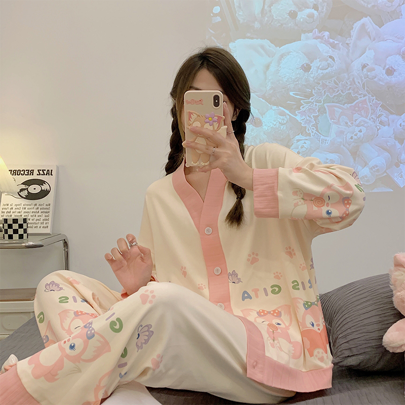 睡衣女休闲宽松甜粉风软糯亲肤棉绸粉色狐狸家居服睡衣套装190