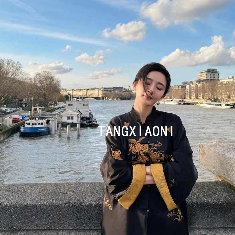 订单出 幂式小中式【金絮蒙菊】刺绣黑金外套  