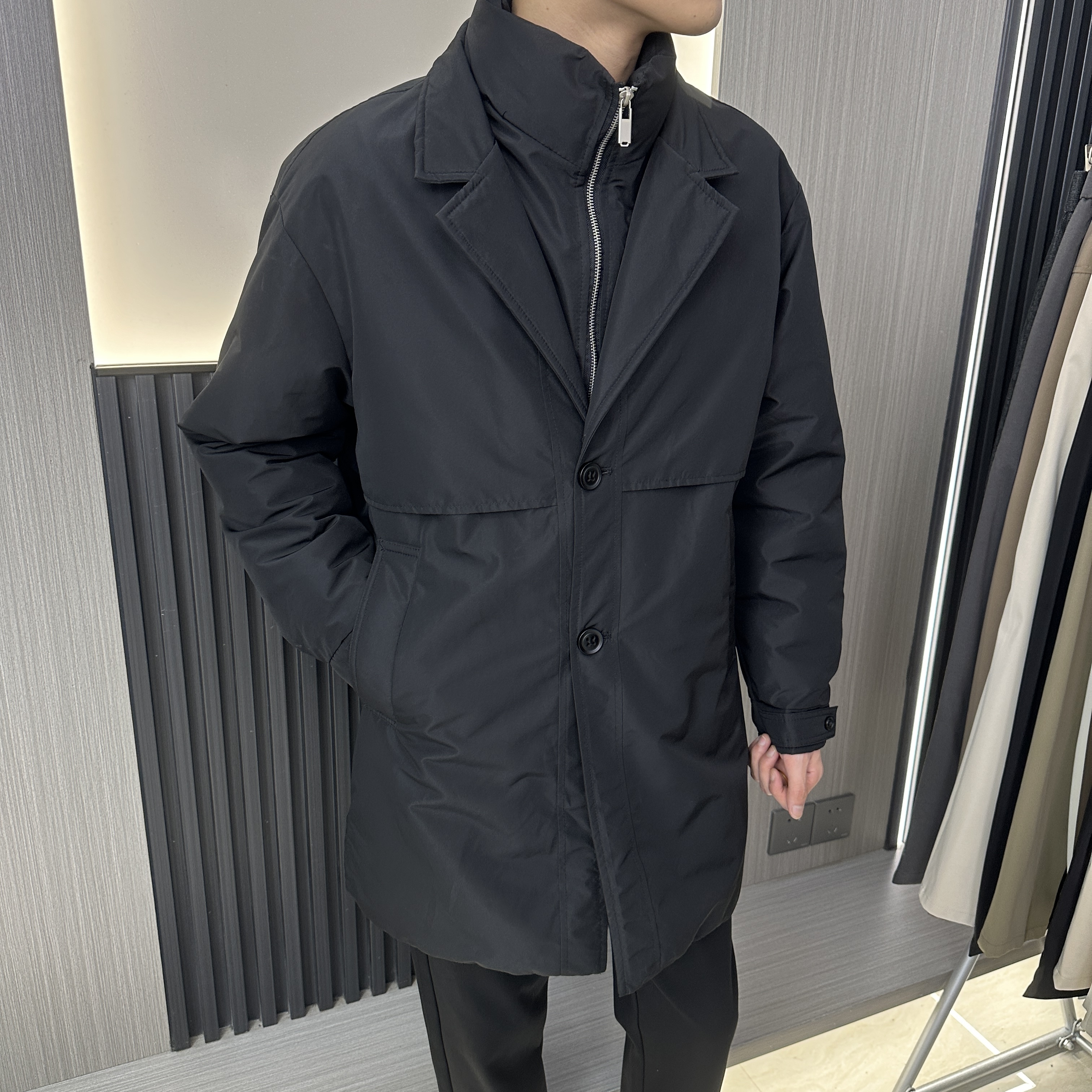 【花开男装】高品质中长款西装领假俩件加厚高档棉服风衣男士#609