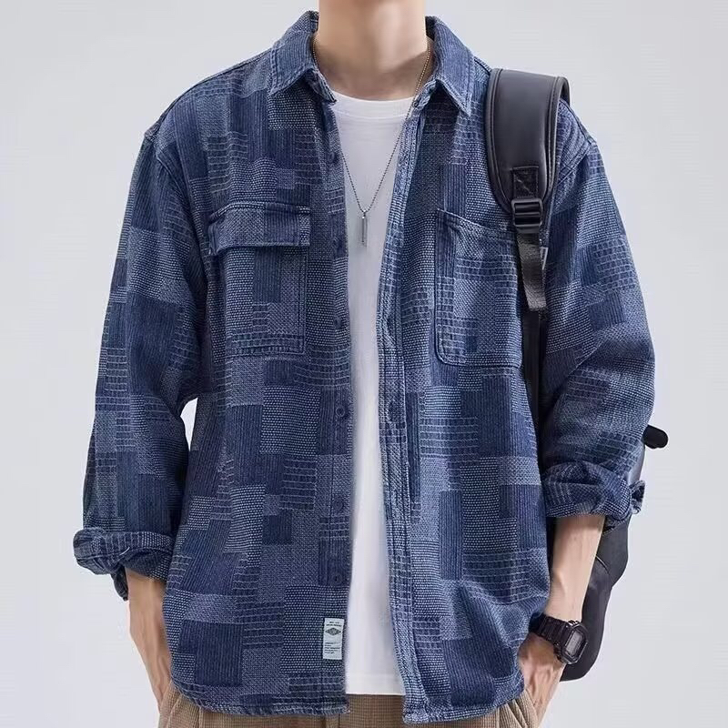 工装衬衫男长袖春季宽松日系潮牌提花格翻领休闲痞帅牛仔衬衣外套