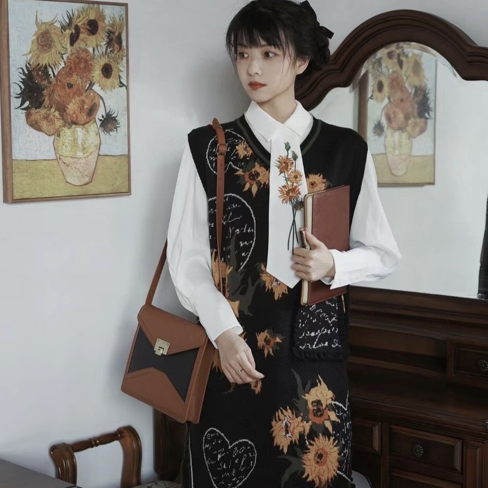 【LILI穿搭】艺术感无袖向日葵马夹连衣裙