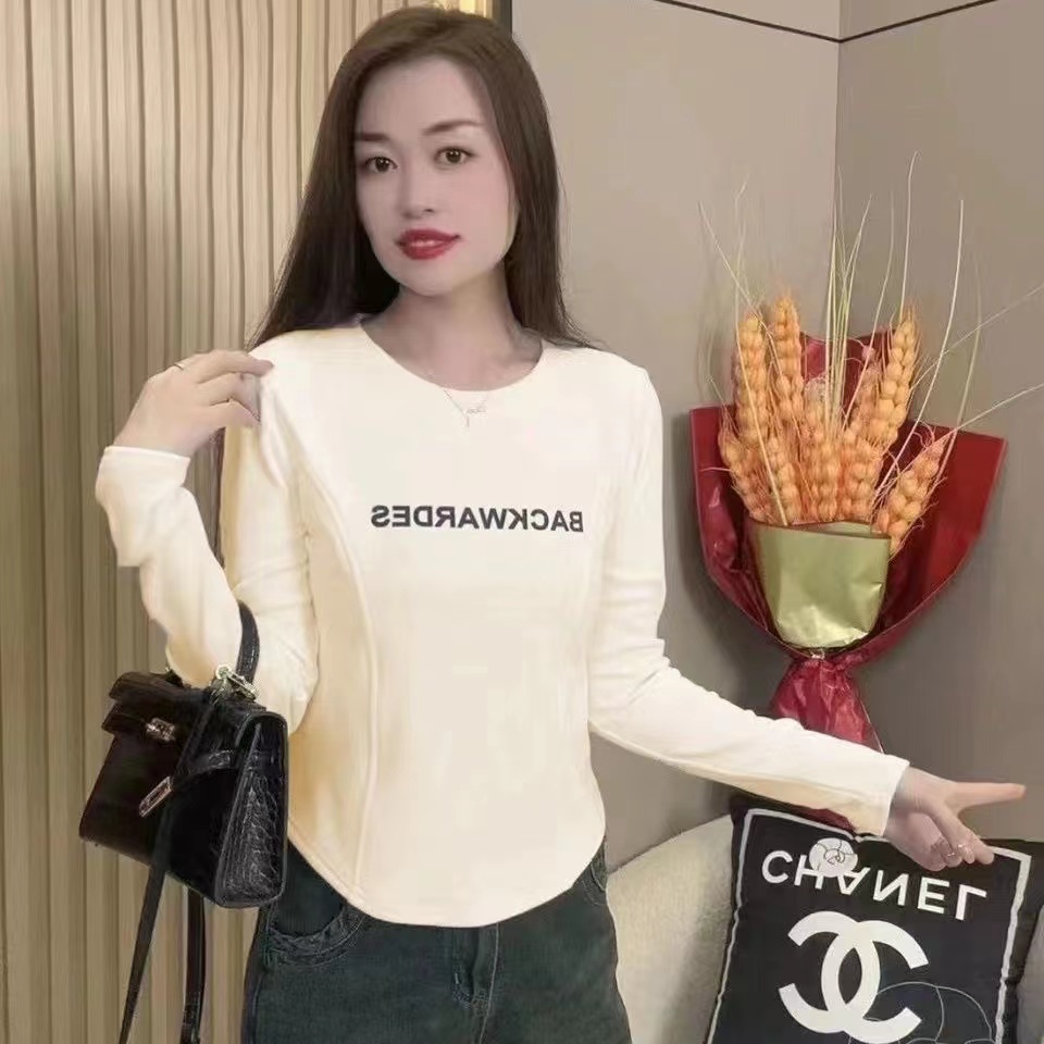 纯色双面德绒印花打底衫女秋冬2023新款圆领时尚显瘦百搭长袖外穿