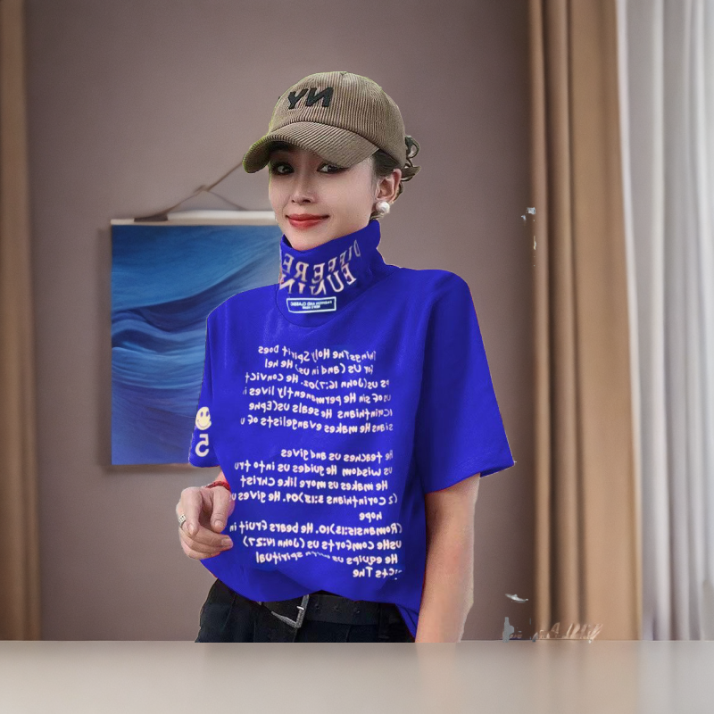 克莱因蓝时尚纯棉百搭T恤高领中袖宽松显瘦休闲字母印花打底衫女.