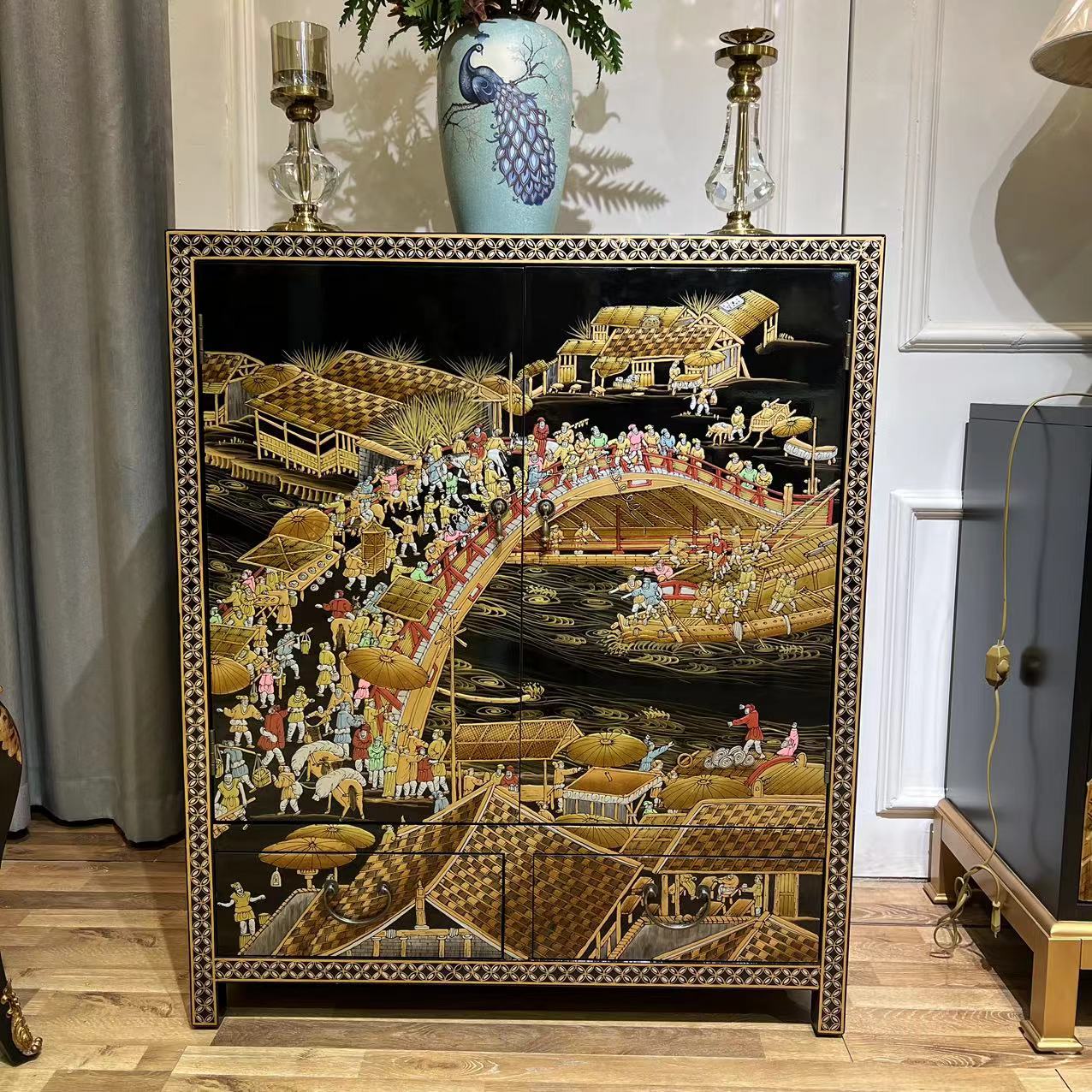 清明上河图双门柜 95×35×114cm复古双门雕花玄关柜手绘古典烤漆