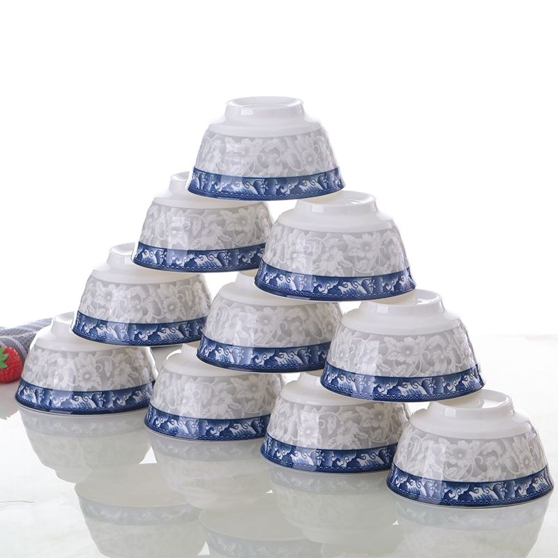 青花瓷10只陶瓷碗釉下彩4.5英寸米饭碗吃饭碗家用面碗可微波炉碗