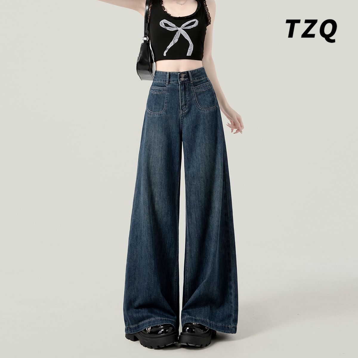 深蓝色阔腿牛仔裤女款爆款2025新款春季高腰显瘦宽松裤子TZQ71824