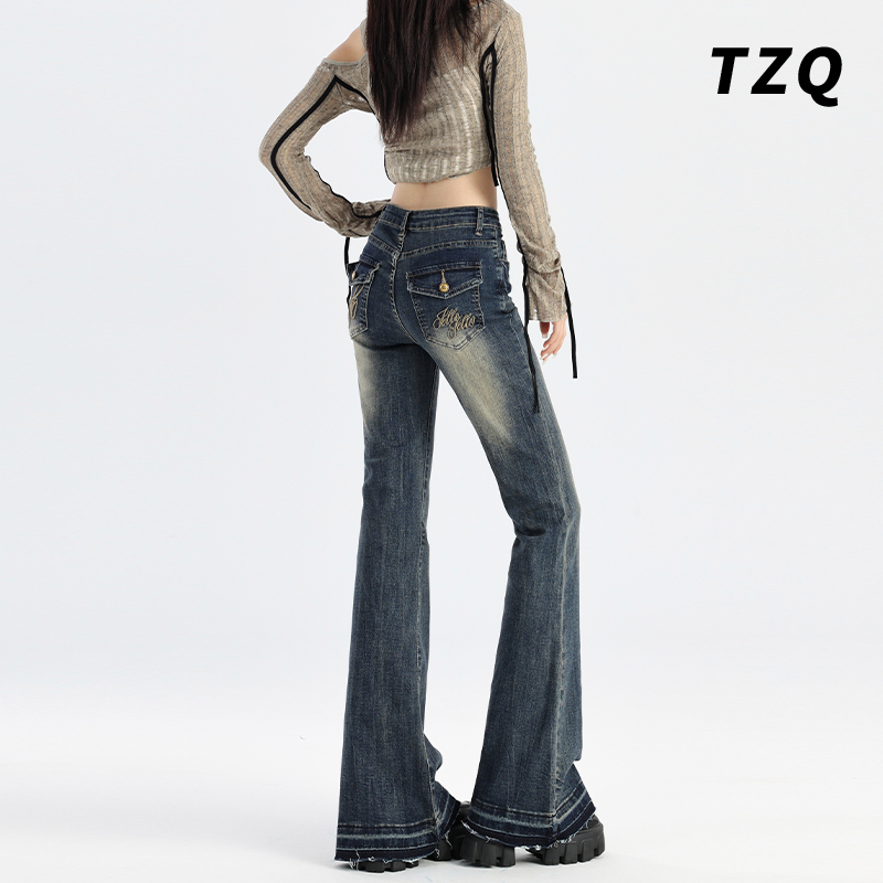 复古蓝微喇叭牛仔裤女2024高腰显瘦毛边设计马蹄喇叭裤TZQ100501