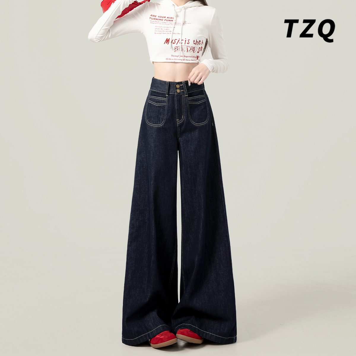 高腰双扣不贴腿阔腿裤日常显瘦复古宽松遮胯垂感牛仔裤子TZQ71824