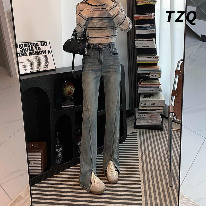 美式复古开叉牛仔裤女2024秋季高腰时尚显瘦小个子修身裤TZQ81761