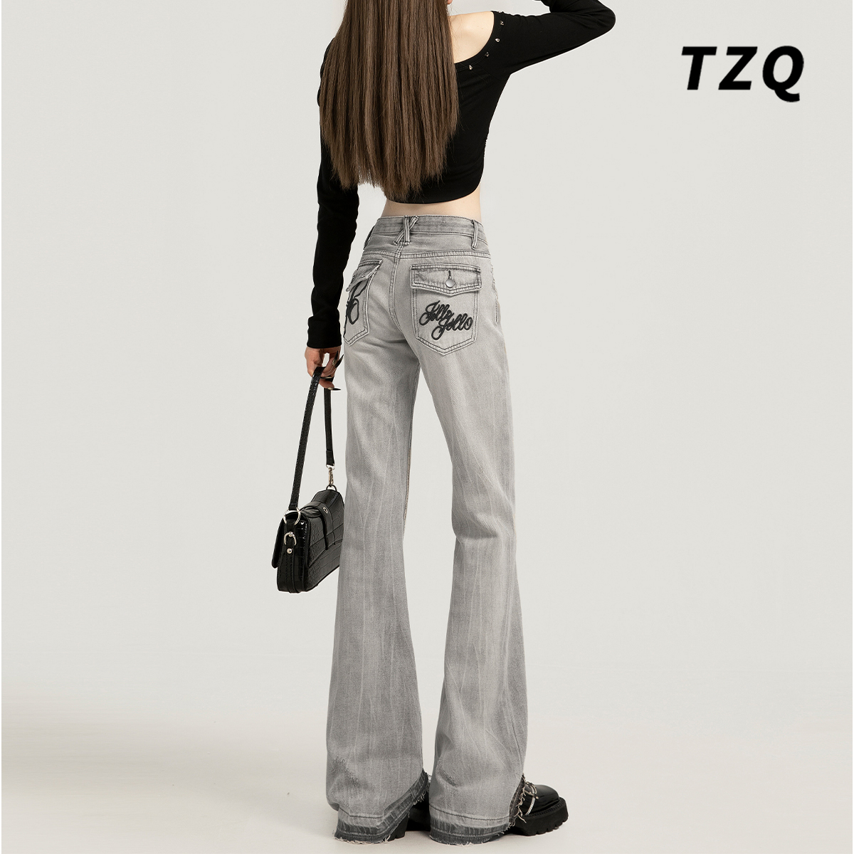 高街辣妹低腰微喇毛边牛仔裤女2025新款高街显瘦刺绣做旧拖地长裤