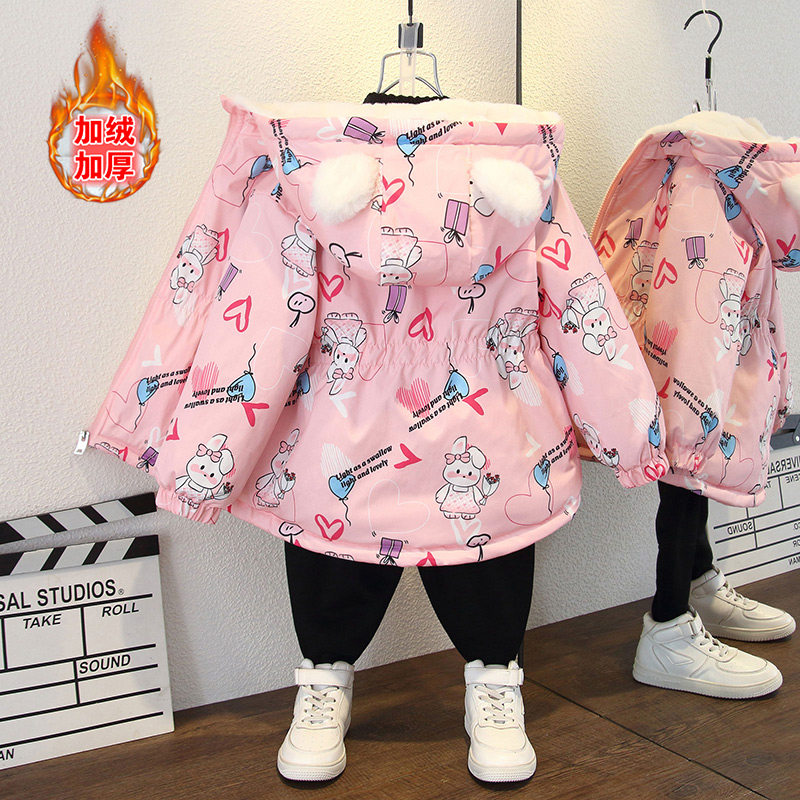 女宝宝秋冬韩版时尚收腰加绒加厚风衣外套女童兔子满印连帽棉服