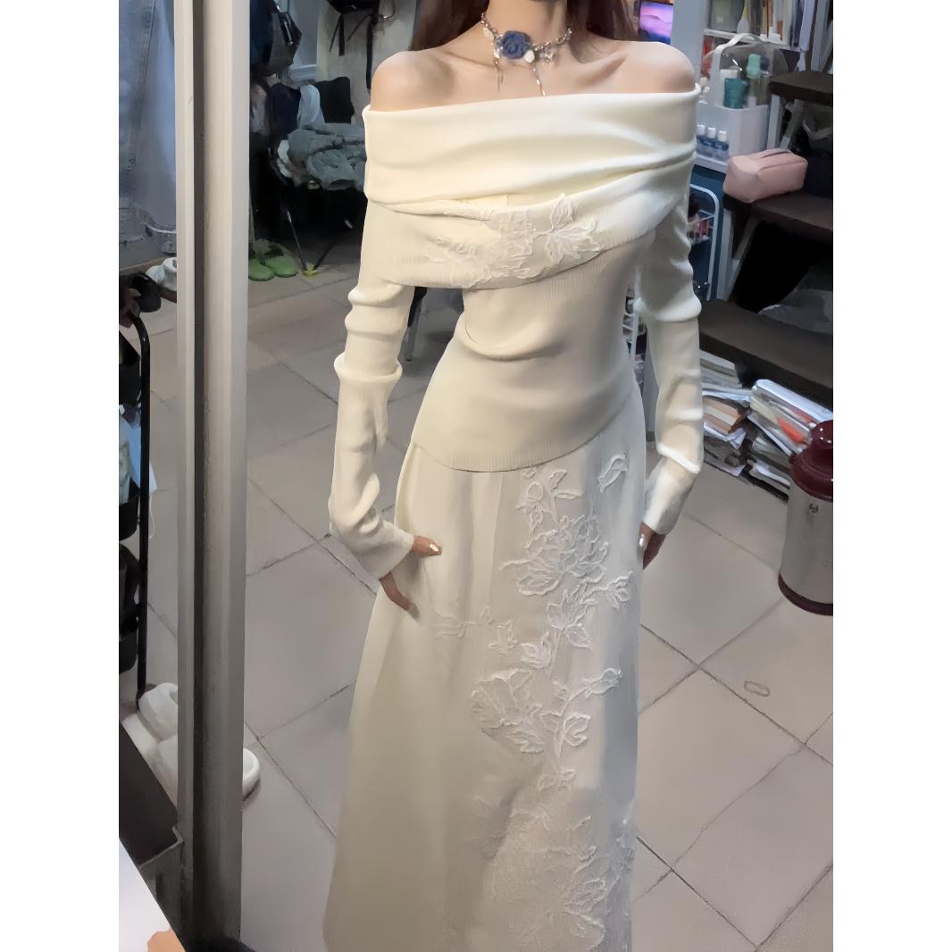 气质冬季新款韩剧千金针织套装女一字肩绣花上衣高腰半裙两件套秋