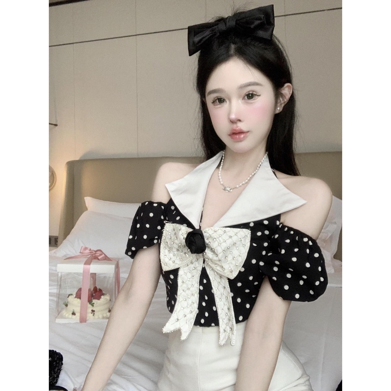 法式撞色重工蝴蝶结时尚复古雪纺上衣挂脖波点赫本小众小衫女装