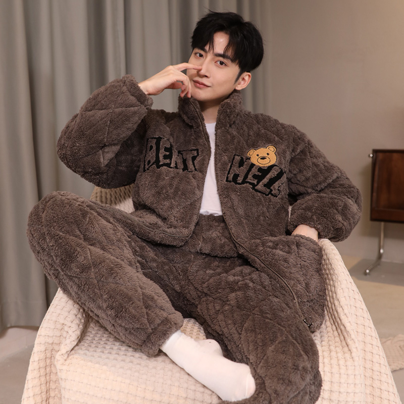 睡衣男士冬加绒加厚珊瑚绒三层夹棉2024年新款大码冬天家居服套装