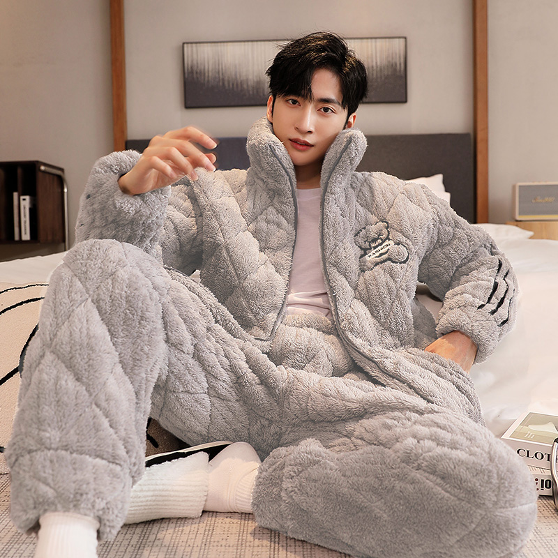 睡衣男士冬加绒加厚珊瑚绒三层夹棉2024年新款大码冬天家居服套装