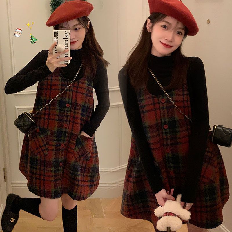 小香风复古红色格纹毛呢背心连衣裙大码无袖格子背带裙两件套女装