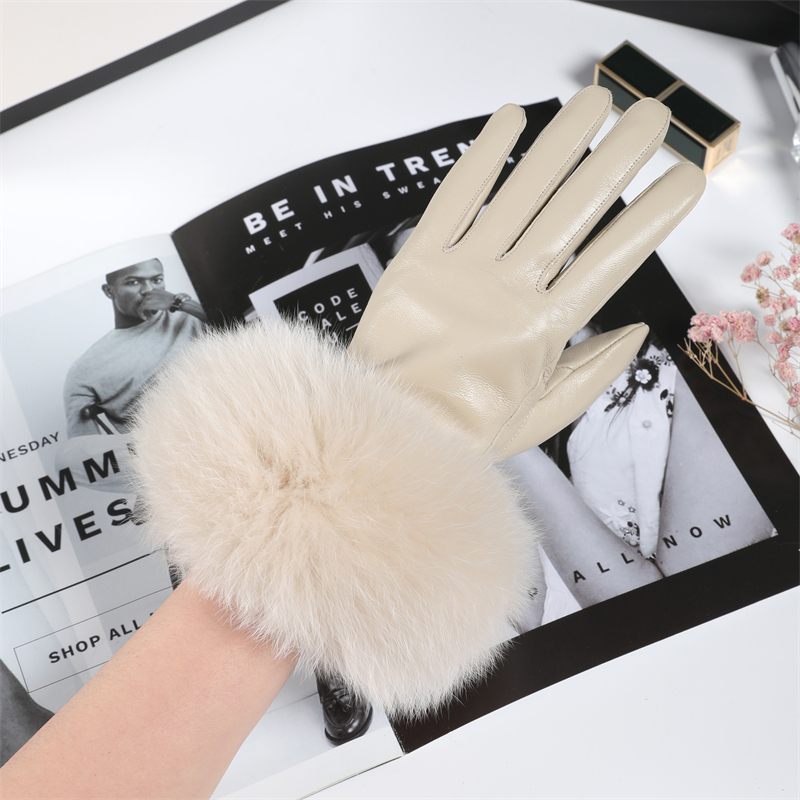 九云洲狐狸毛真羊皮手套女士冬季加绒保暖显瘦不臃肿触屏真皮手套
