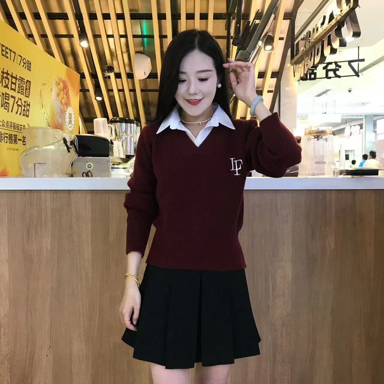 学院风假两件Polo衬衫领针织衫女秋冬款洋气减龄宽松百搭毛衣