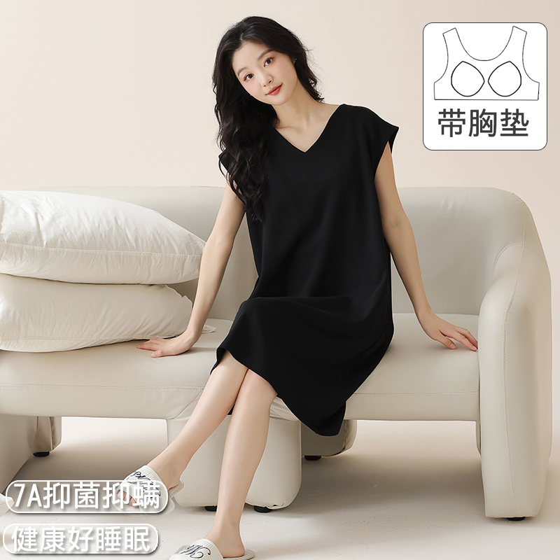 带胸垫睡裙女夏季坎肩纯棉简约休闲少女学生薄款中长款睡裙家居服