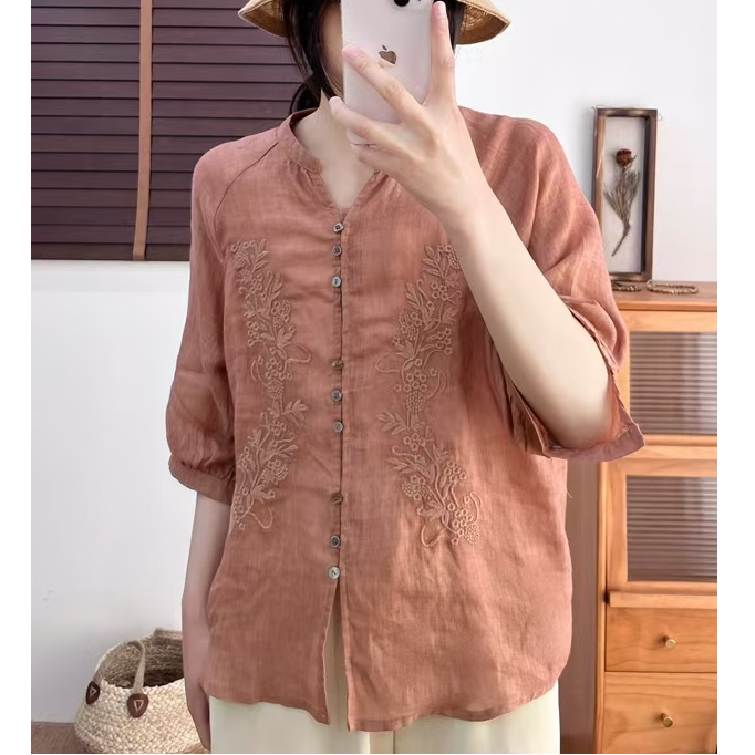 2024夏复古文艺刺绣苎麻衬衫显瘦气质小V领透气麻料上衣女