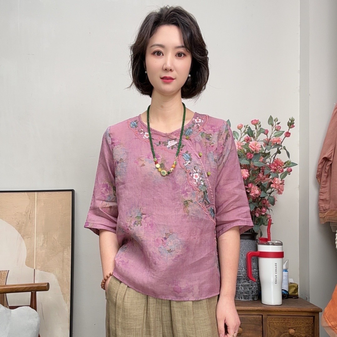 2025夏季新款刺绣复古印花玉石扣斜襟苎麻女上衣衬衫