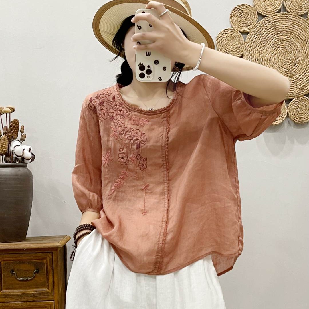 2025夏季新款100支苎麻重工刺绣绣花套头衬衫女圆领包边显瘦T恤