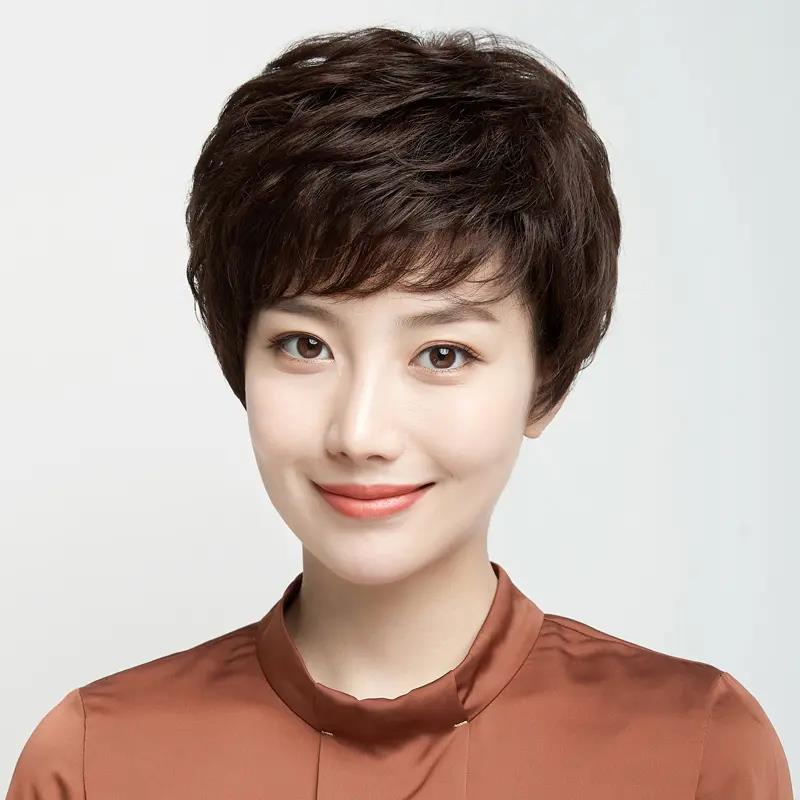 中老年假发短发女短卷纹烫理轻薄蓬松假发全真人发手织中老年假发
