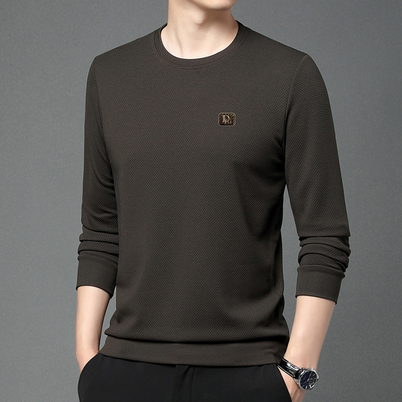 新款2024男士华夫格春秋百搭纯色宽松长袖圆领T恤上衣