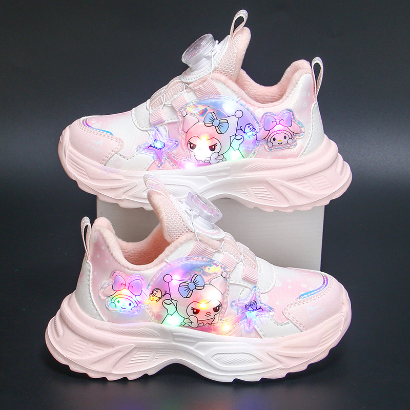 库洛米女童鞋秋冬季儿童运动鞋皮面加绒女孩亮灯保暖跑步鞋中小童