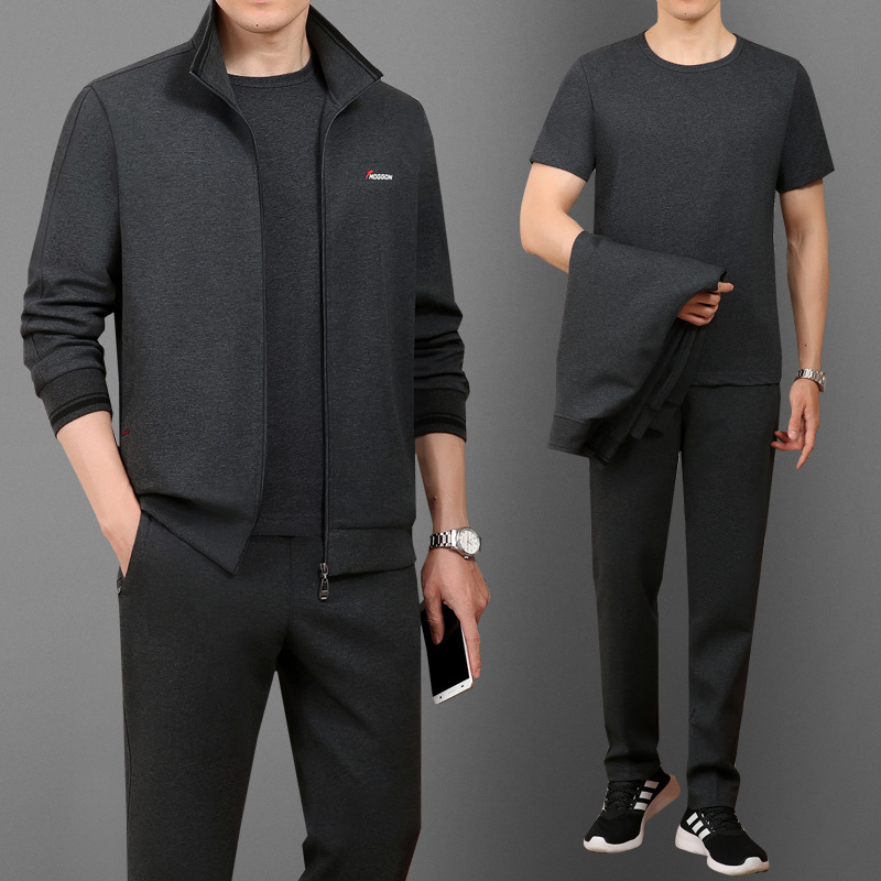 高档中老年运动套装男春秋三件套爸爸休闲装宽松中年男士运动服棉