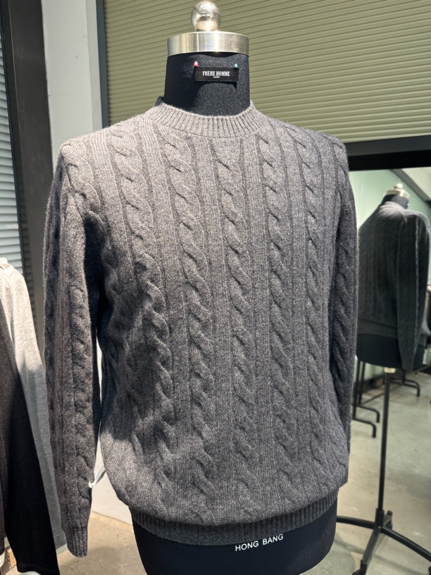 24秋冬拉夫风复古绞花重磅高品质羊绒 粗针羊绒 男士针织圆领灰色