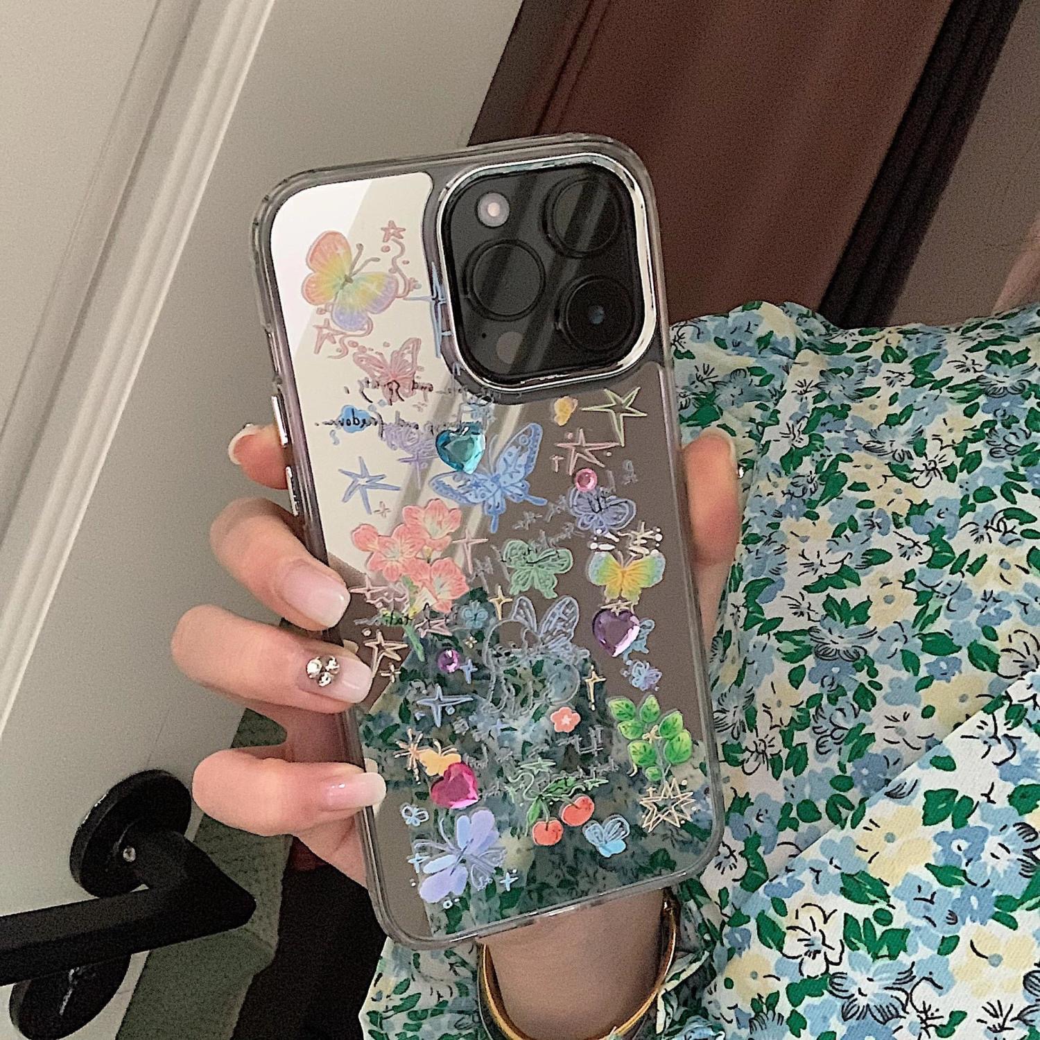 ins风夏日蝴蝶电镀镜面苹果14promax手机壳女iPhone13全包12高级