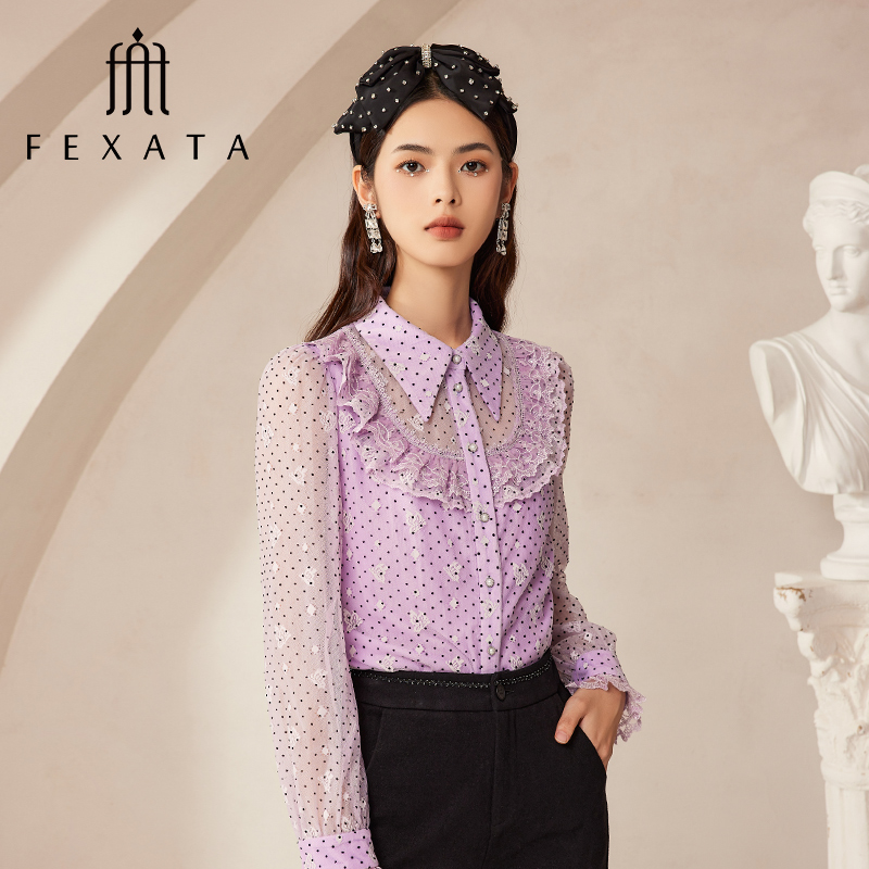 【毛毛专属】FEXATA斐格思紫色植绒波点衬衣长袖衬衫