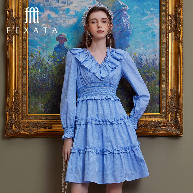 【老板娘夏天】FEXATA复古蓝色通勤连衣裙