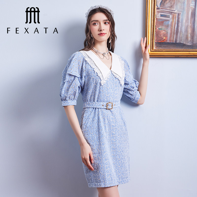 【白姐专属】FEXATA斐格思撞色V领连衣裙中袖典雅宫廷风收腰裙