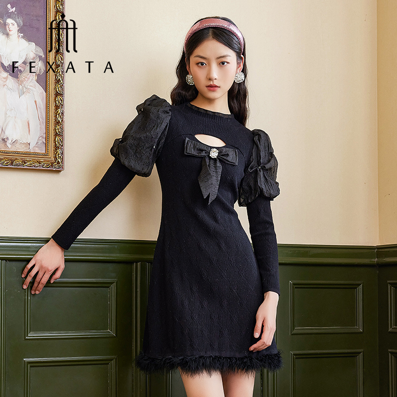 【高高来了】FEXATA斐格思连衣裙冬季新品法式蝴蝶结针织裙