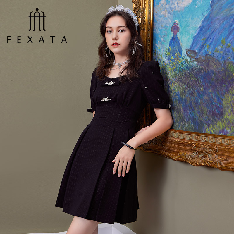 【老板娘夏天】FEXATA斐格思连衣裙泡泡袖赫本风优雅条纹小黑裙