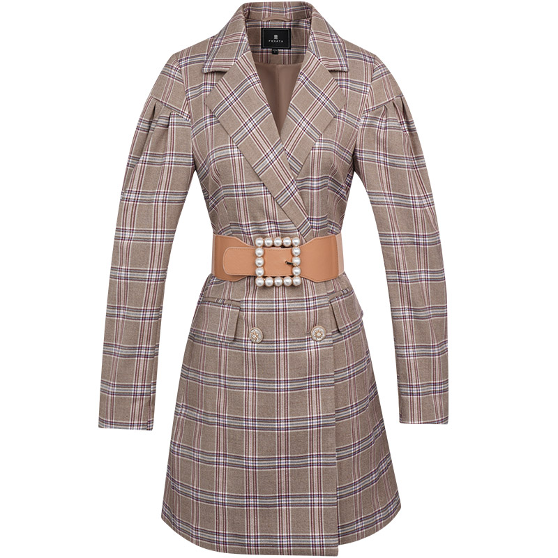 【黄蓉推荐】FEXATA翻领双排扣西装女格子中长款外套