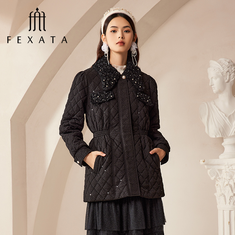 【诗语专属】FEXATA斐格思复古提花绗缝保暖黑色羽绒外套