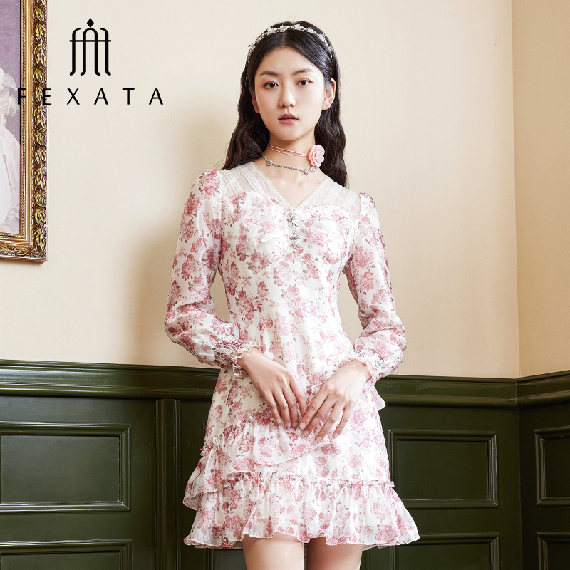 【老板娘夏天】FEXATA斐格思连衣裙气质法式荷叶边玫瑰印花茶歇