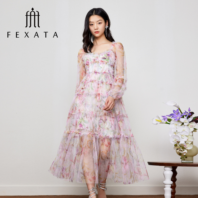 【达人专属】FEXATA斐格思灯笼袖仙气印花网纱连衣裙F33T0518